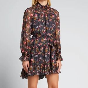 Cinq à Sept Daija Belted Floral Print Chiffon Mini Dress In Charcoal Size 4